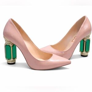FSJ nude pointy toe green crystal chunky heels slip on shoes